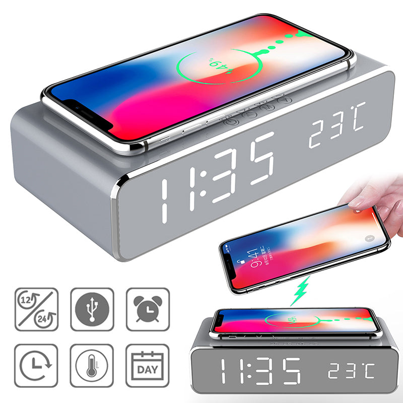 Zenova LED Electric Alarm Clock With Wireless Charger Desktop Digital Despertador Thermometer Clock HD Mirror Clock Watch Table Decor