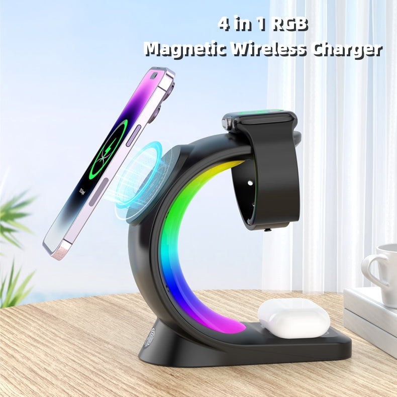 Zenova 4 In 1 Magnetic Wireless Charger Fast Charging For Smart Phone Atmosphere Light Charging Station For Airpods Pro I-phone Watch